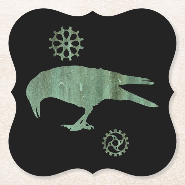 Steampunk Verdigris Pecking Crow and Gears Paper Coaster (Front)