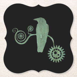 Steampunk Verdigris Perching Crow and Gears Paper Coaster