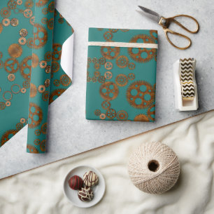 Steampunk Verdigris Rusty Gears Pattern Wrapping Paper