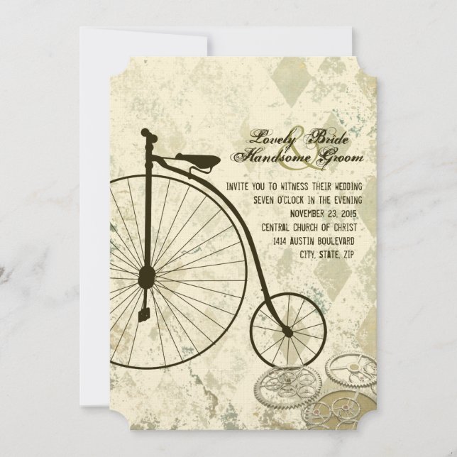 Steampunk Victorian Bicycle Wedding Invitation (Front)