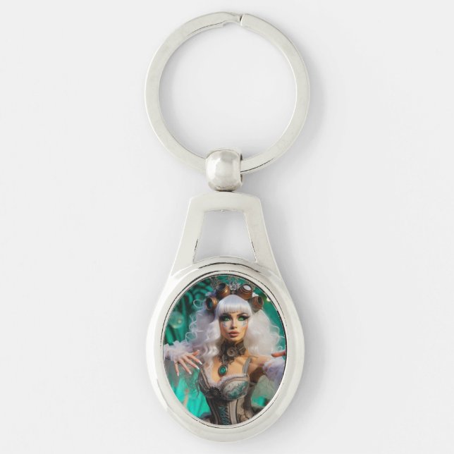 Steampunk Victorian Futuristic Green Dancer Key Ring (Front)