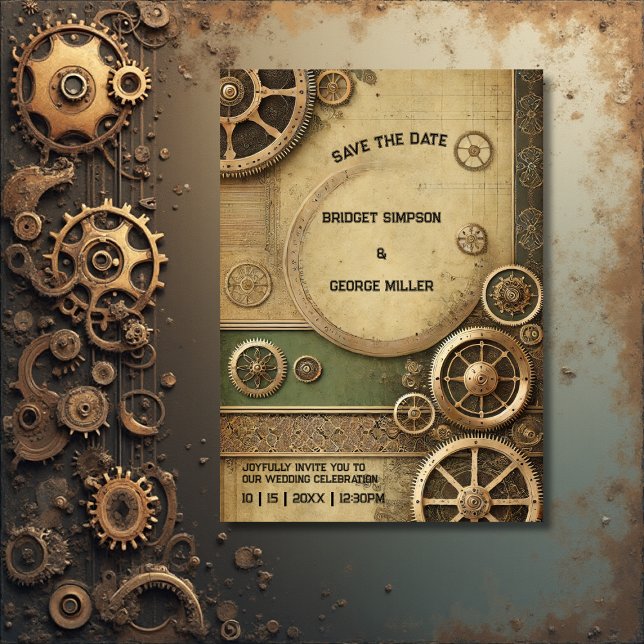 Steampunk Victorian Gearwork Wedding safe the date Invitation (Creator Uploaded)