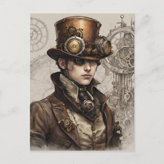 Steampunk Victorian Gentleman Artwork Holiday Postcard (Front)