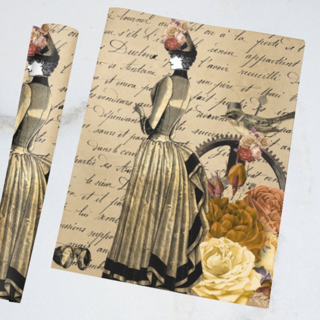 Steampunk Victorian Gold Script Lady Woman Bird Wrapping Paper (Creator Uploaded)