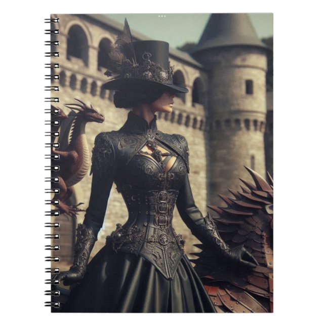 Steampunk Victorian Industrial Lady Dragon Rider Notebook (Front)