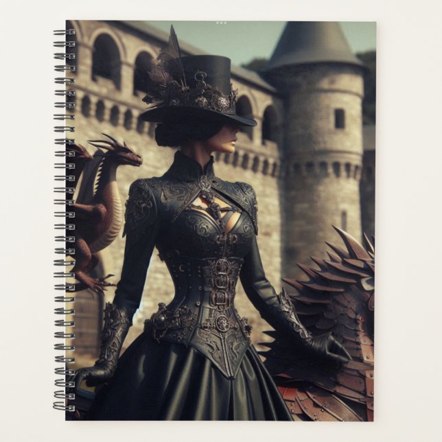 Steampunk Victorian Industrial Lady Dragon Rider Planner (Front)