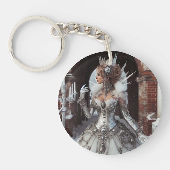 Steampunk Victorian Industrial Winter Ice Queen Key Ring (Front)