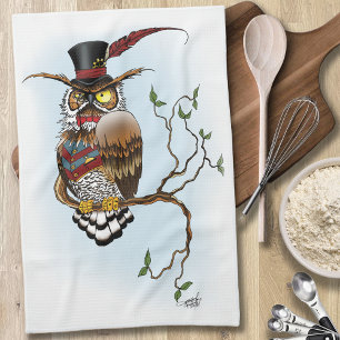 Steampunk VIctorian Owl Tea Towel