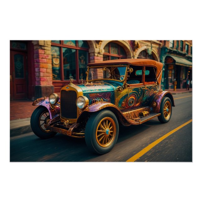 Steampunk Vintage Car in Town Poster (Front)