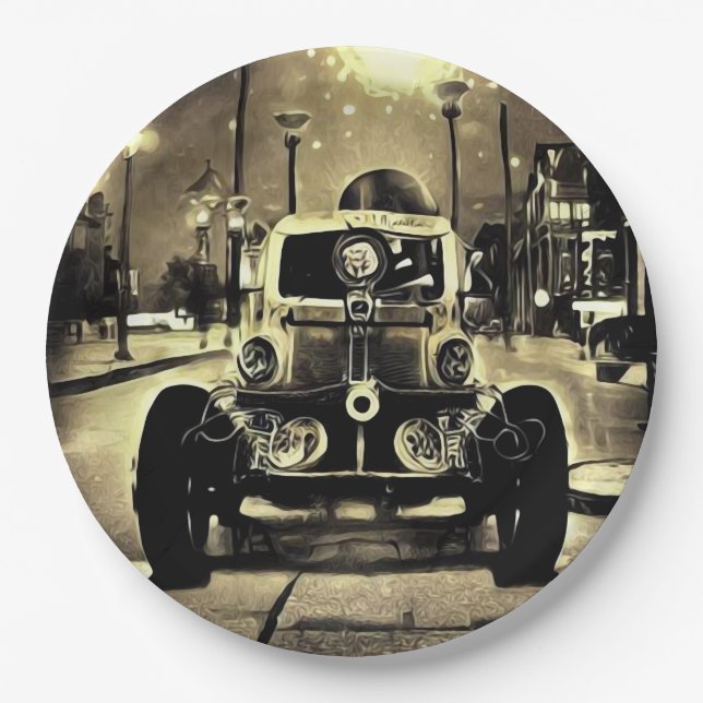 Steampunk Vintage Car & Streetlights Paper Plate (Front)