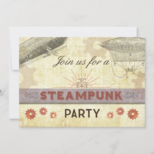 Steampunk Vintage Party Invitation, Gears/Dirigibl Invitation (Front)