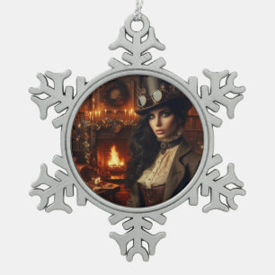 Steampunk Vintage Victorian Lady Christmas Red Snowflake Pewter Christmas Ornament