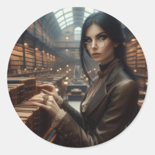 Steampunk Vintage Victorian Lady Librarian  Classic Round Sticker