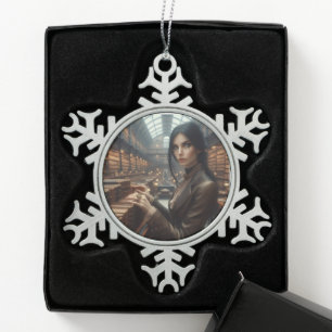 Steampunk Vintage Victorian Lady Librarian Snowflake Pewter Christmas Ornament