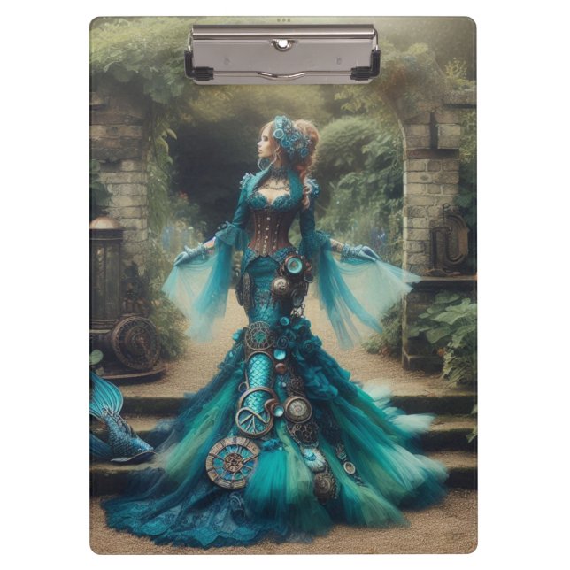 Steampunk Vintage Victorian Lady Teal Mermaid Clipboard (Front)