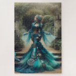 Steampunk Vintage Victorian Lady Teal Mermaid Jigsaw Puzzle<br><div class="desc">A beautiful vintage steampunk lady in a teal mermaid inspired dress in a floral garden with beautiful roses,  clockwork gears and historical fantasy.</div>
