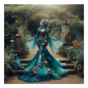 Steampunk Vintage Victorian Lady Teal Mermaid Poster