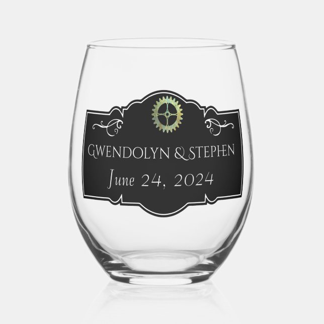 Steampunk Vintage Wedding Personalised  Stemless Wine Glass (Left)