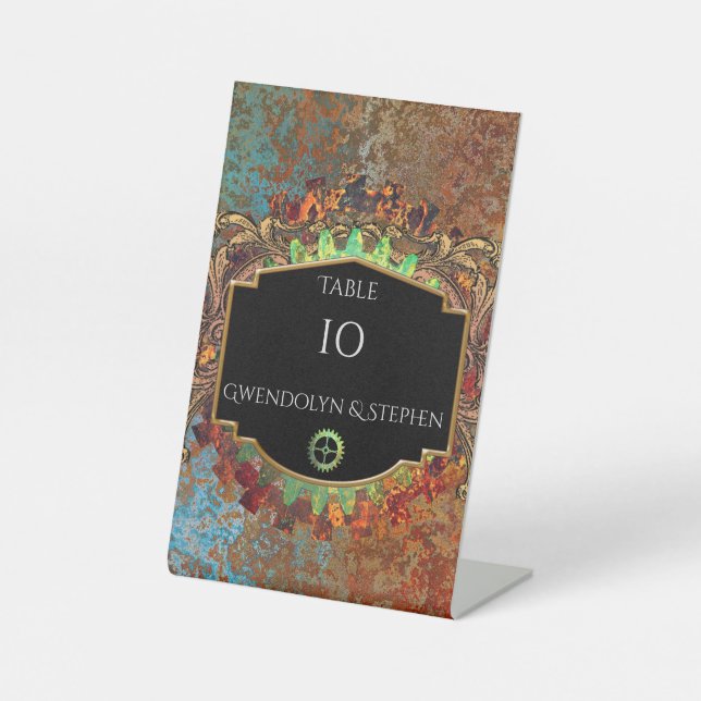 Steampunk Vintage Wedding Personalised Table Numbe Pedestal Sign (Front)