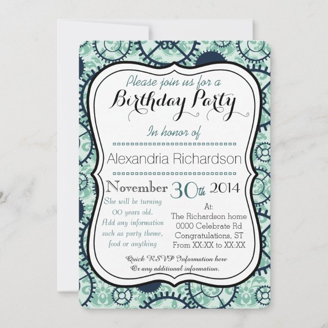 Steampunk watch gear and damask birthday party invitation (Front)