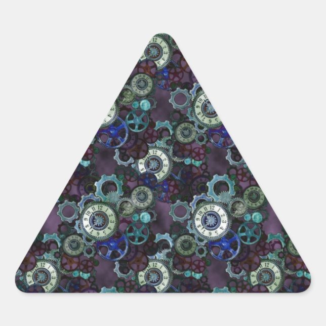 steampunk watch parts - purple print by LeahG Triangle Sticker (Front)