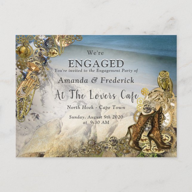 Steampunk Wedding by the Sea Engagement Invitation Postcard (Front)