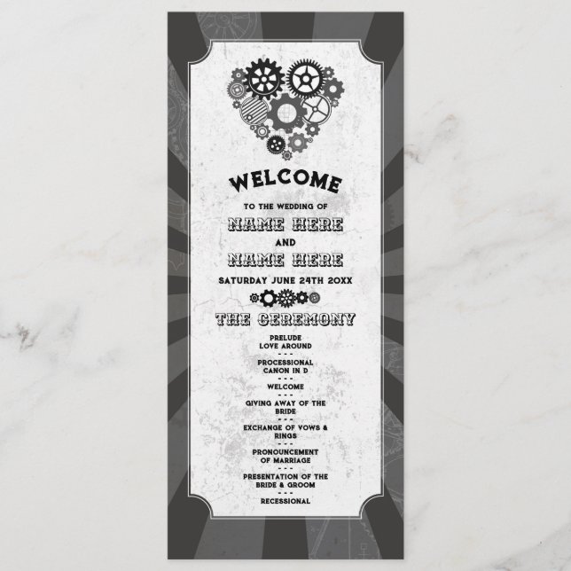 Steampunk Wedding Ceremony Heart Cogs Retro Programme (Front)