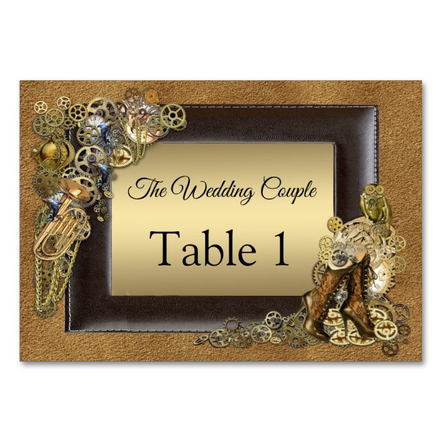 Steampunk Wedding On Suede Table cards (Front)