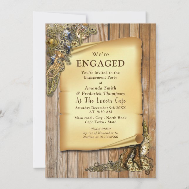 Steampunk Wedding On Wood Engagement Invitation (Front)
