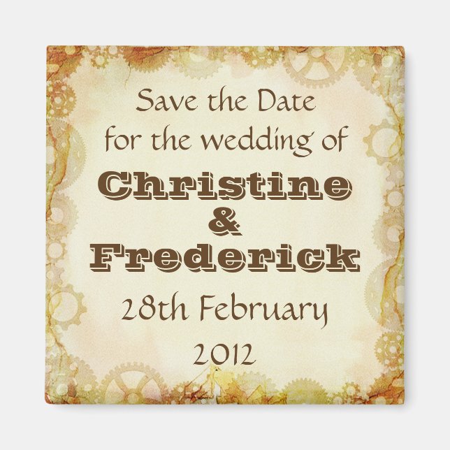 Steampunk Wedding, square save the date magnet (Front)