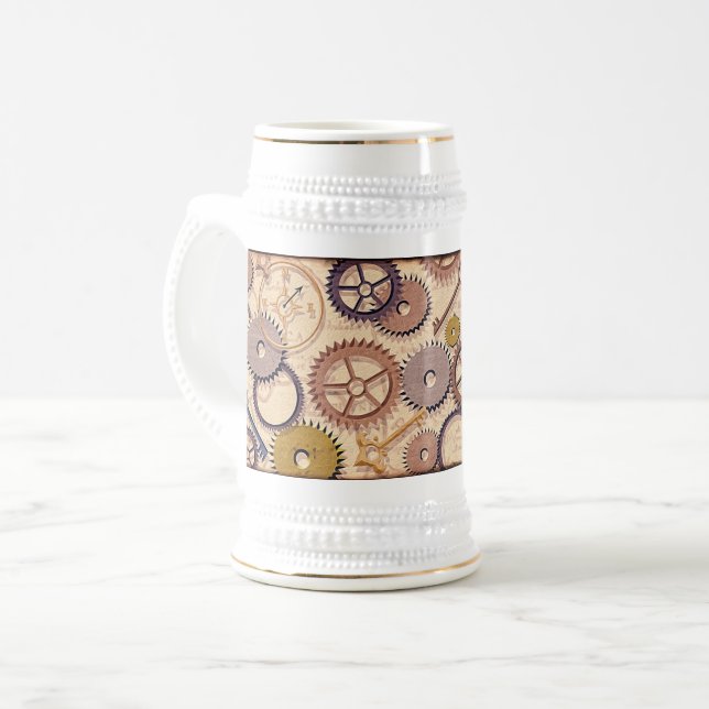 Steampunk Wheels, Gears, Keys, Old Map Oil Paint Beer Stein (Front Left)