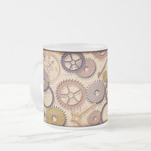 Steampunk Wheels, Gears, Keys, Old Map Oil Paint Frosted Glass Coffee Mug
