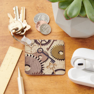 Steampunk Wheels, Gears, Keys, Old Map Oil Paint Key Ring