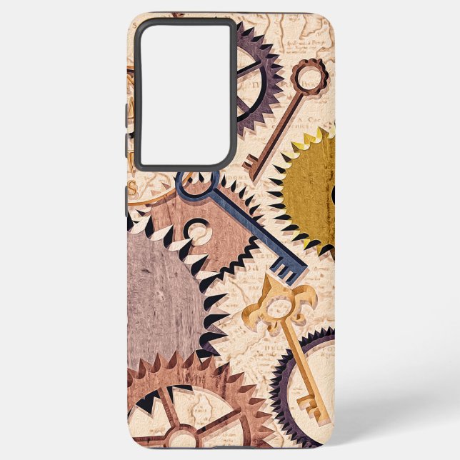 Steampunk Wheels, Gears, Keys, Old Map Oil Paint Samsung Galaxy S21+ Case (Back)