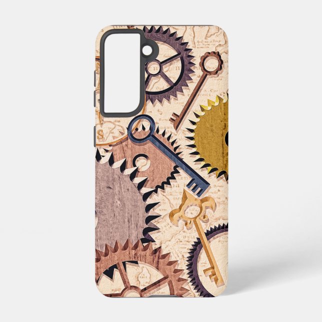  Steampunk Wheels, Gears, Keys, Old Map Oil Paint Samsung Galaxy S21 Case (Back)