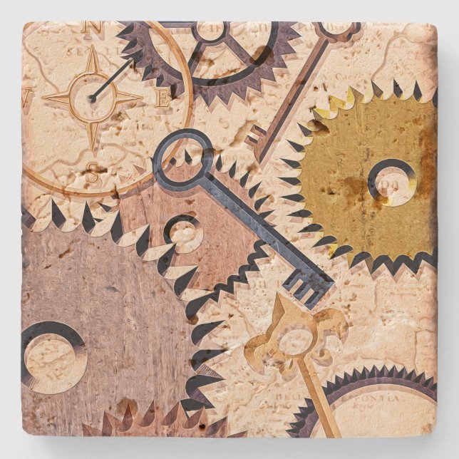 Steampunk Wheels, Gears, Keys, Old Map Oil Paint Stone Coaster (Front)