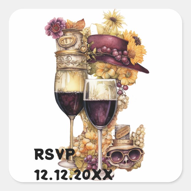 Steampunk wine rsvp square sticker (Front)