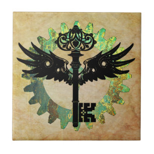 Steampunk Winged Key and Cog Wheel Tile