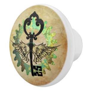 Steampunk Winged Key & Cog Wheel Design Ceramic Knob