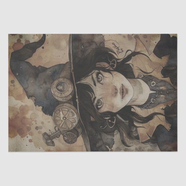 Steampunk Witch Halloween Watercolor Tissue Paper (Front)