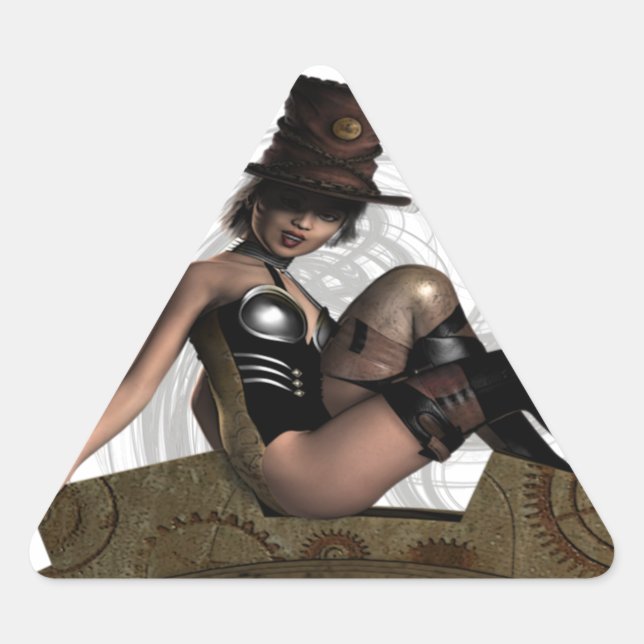 STEAMPUNK WOMAN SITS ON GEAR TRIANGLE STICKER (Front)