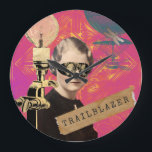 Steampunk Woman Trailblazer Pop Art  Large Clock<br><div class="desc">Kitschy collage features tinted 1930s photo cutout of woman with added steampunk goggles,  vintage light fixture and flying machine,  washi tape with "trailblazer" text on colorful magenta pink and gold pop art background</div>