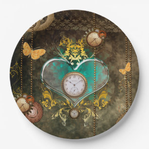 Steampunk, wonderful heart with clocks paper plate