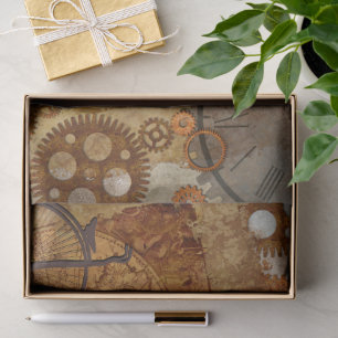 Steampunk World Map Clocks Gears Tissue Paper
