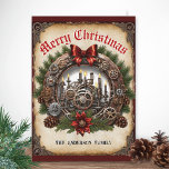 Steampunk Wreath Candles Red Ribbon Cogs Christmas Holiday Card<br><div class="desc">Gear up for the holidays in elegant industrial style with this Steampunk Christmas card. The design combines traditional festive elements and nostalgia with intricate cogs and gears from industrial Victorian times. The classic evergreen wreath is decorated with pinecones, red ribbon and poinsettia flower - as well as a layer of...</div>