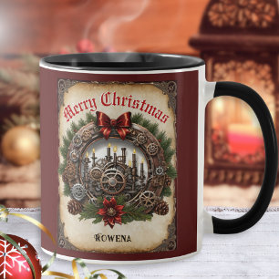 Steampunk Wreath Cogs Merry Christmas Personalised Mug