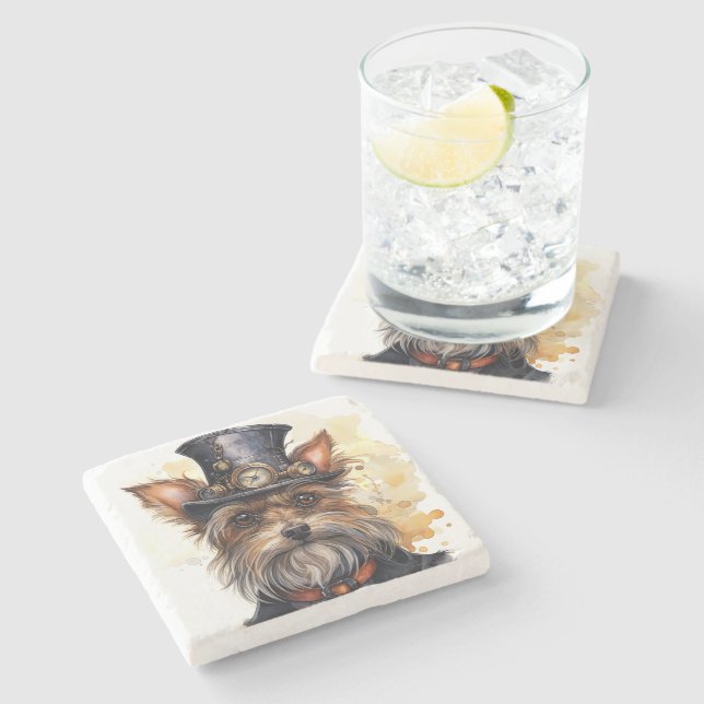 Steampunk Yorkshire Terrier Dog Stone Coaster (Side)