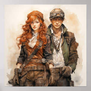 Steampunk Young Couple Retro Poster