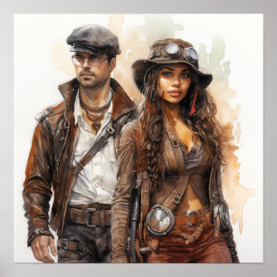 Steampunk Young Couple Retro Poster