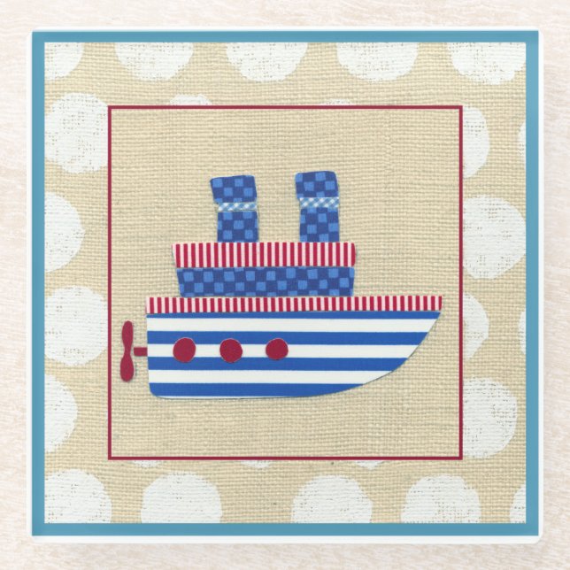 Steamship with Propeller and Blue Smokestacks Glass Coaster (Front)